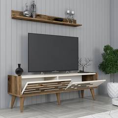 TV-meubel met wandplank Oviva Donker hout en crèmewit