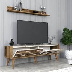 TV-meubel met wandplank Oviva Donker hout en wit marmereffect