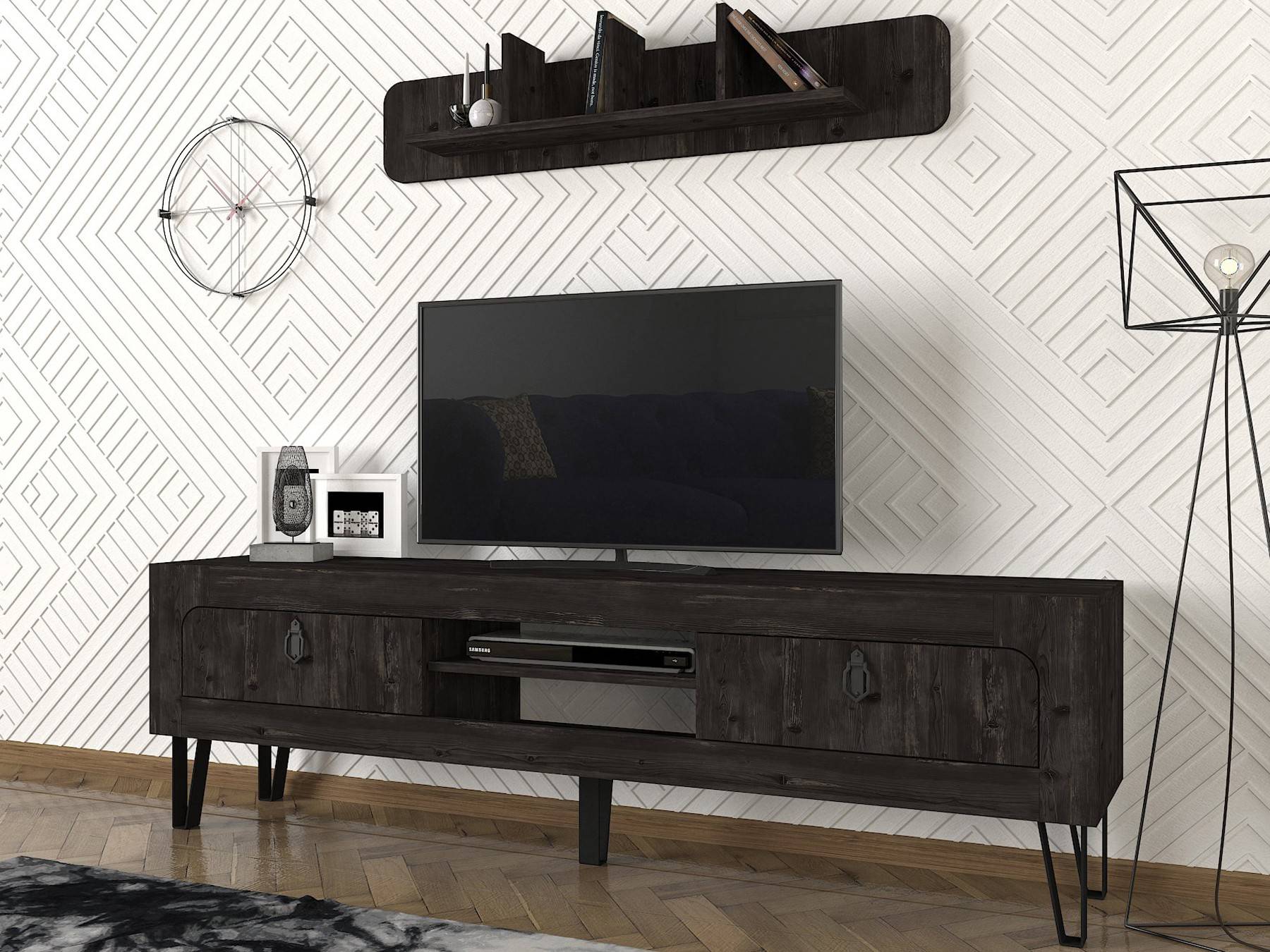 Ensemble meuble TV avec étagère murale Yandi Bois Anthracite