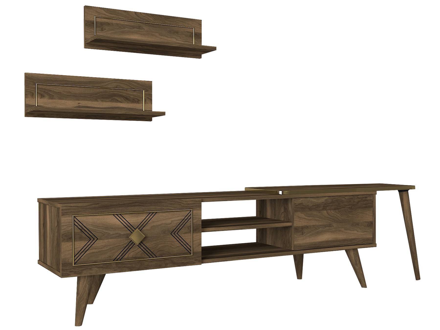 TV-meubel en 2 planken set Echerif Donker hout en Goud