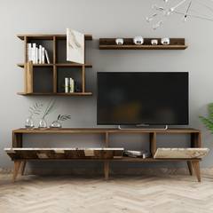Set TV-meubel en 2 wandplanken Dusty Donker hout en Wit marmereffect
