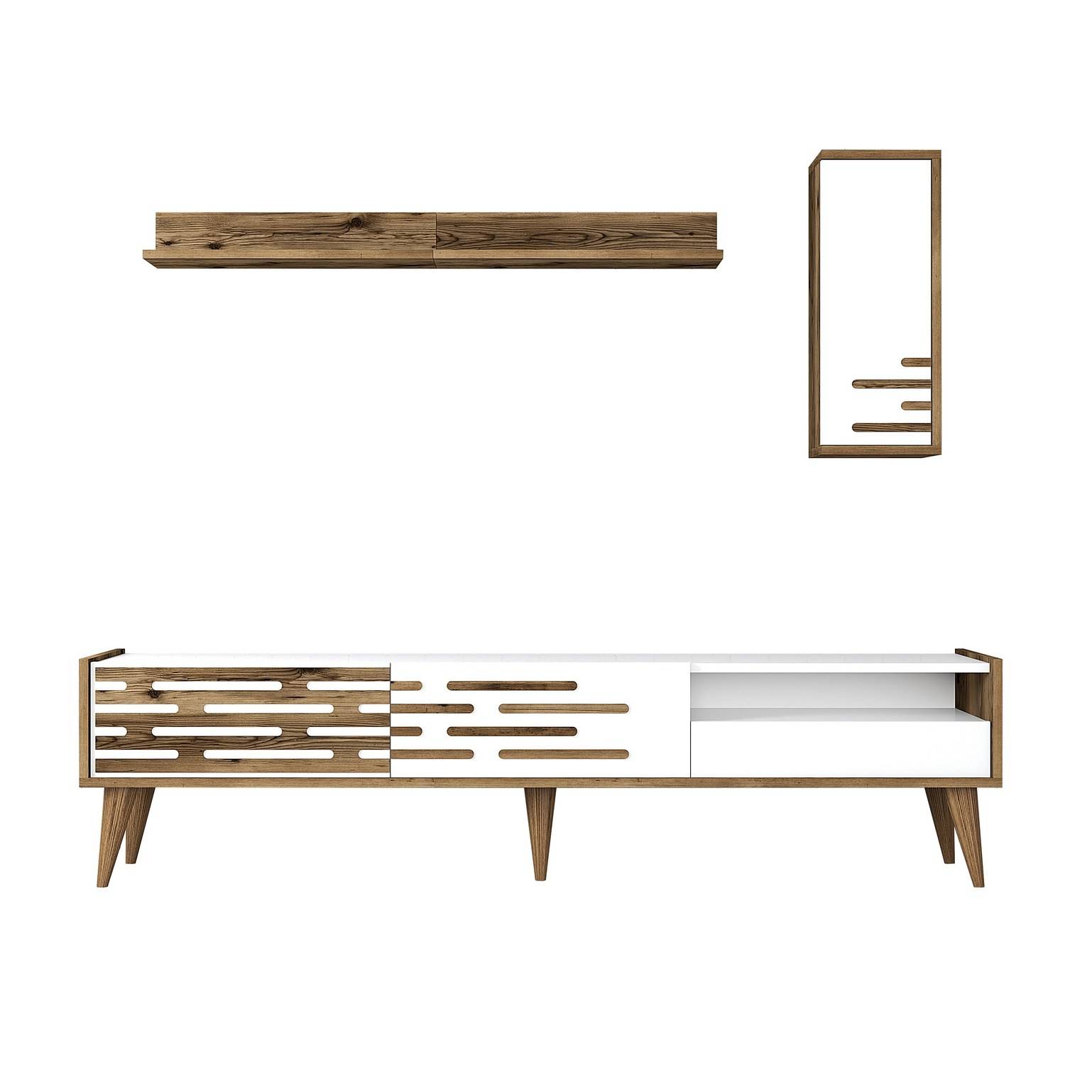 Oviva TV-Möbel und 2 Wandregale in dunklem Holz und Weiß
