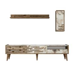 TV-meubel en 2 vrijhangende boekenplanken Oviva Donker hout en wit marmereffect