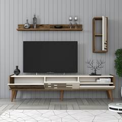 Oviva TV-meubel en 2 wandplanken in donker hout en crèmewit