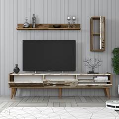 TV-meubel en 2 vrijhangende boekenplanken Oviva Donker hout en wit marmereffect