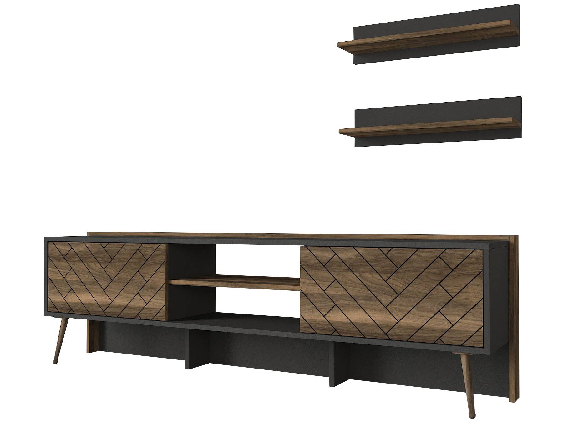 TV-meubel en 2 wandplanken set Zaryab Wood Brick patroon Donker hout en Antraciet
