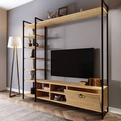 Aaron TV en boekenkast in industriële stijl L180cm Eik en Metaal Zwart