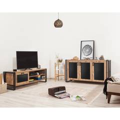Set aus TV-Möbel und Sideboard im Industriestil Brigit Metall Schwarz und helles Holz