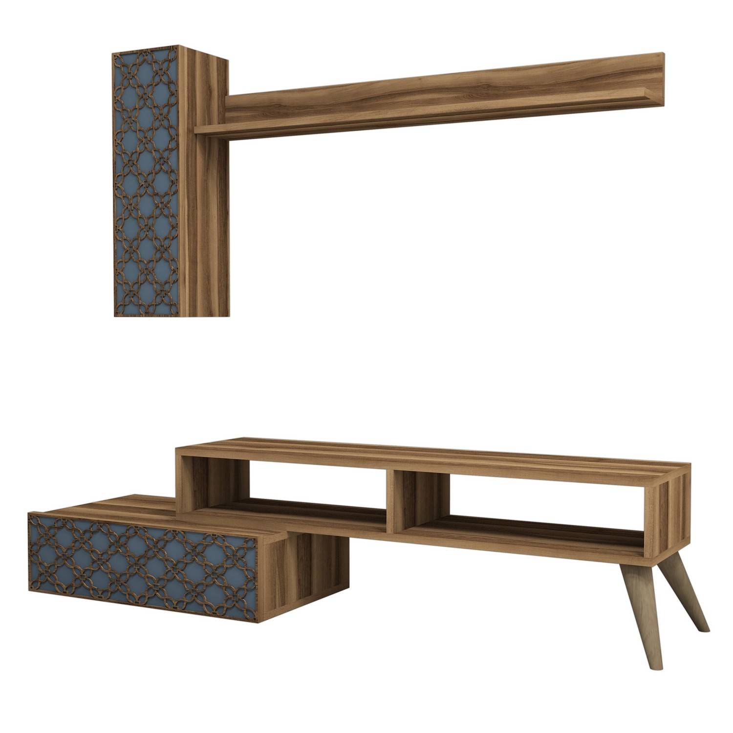 Conjunto de soporte de TV y estantería de madera y azul Atho