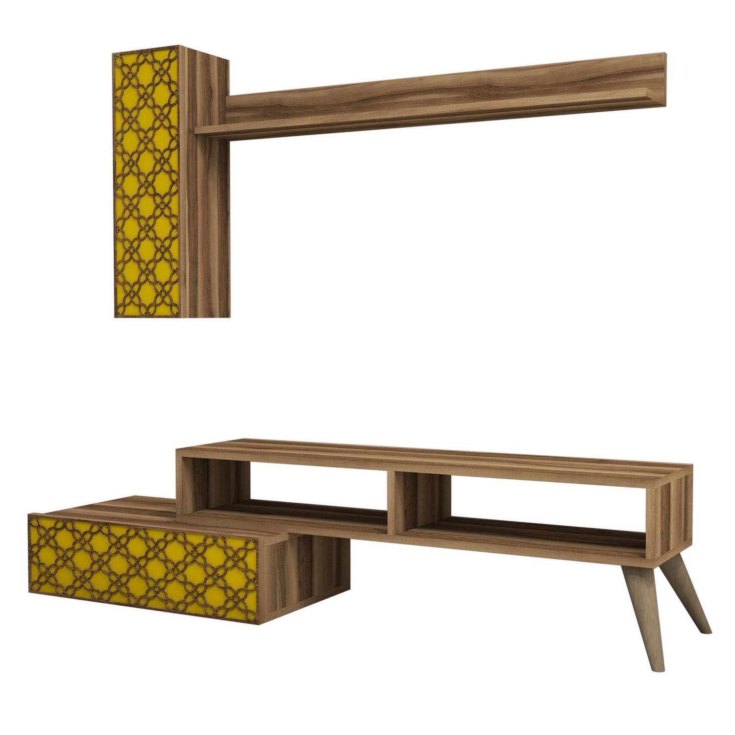 Atho hout en geel tv-meubel en plankenset