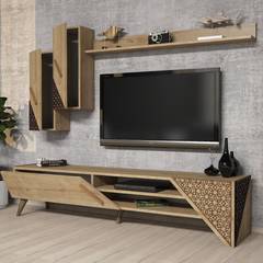 Forces TV meubel en planken set Arabesque patroon Licht eiken