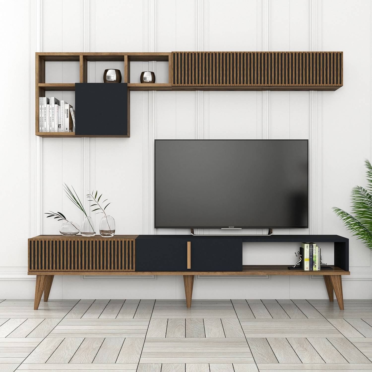 Mueble de TV y estantería de pared de diseño Ribera en roble oscuro y antracita