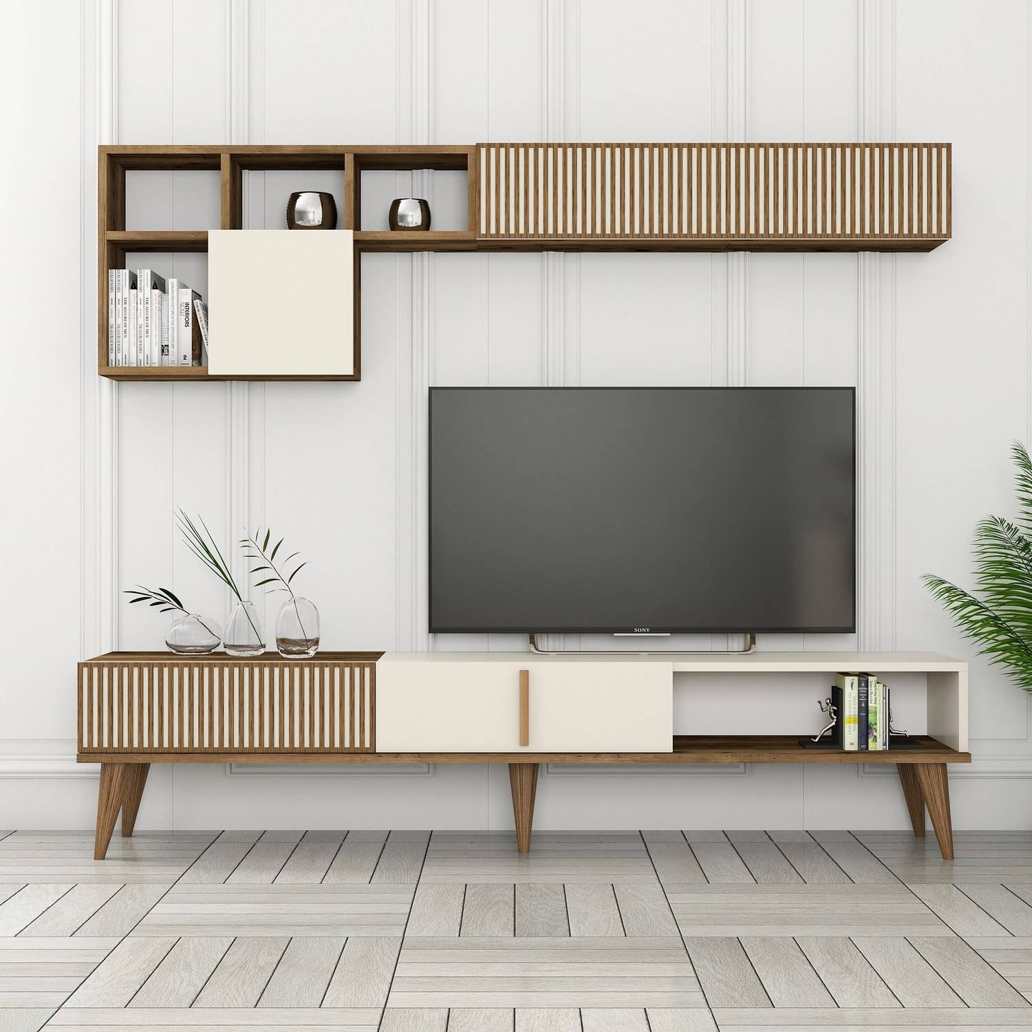 Mueble de TV y estantería de pared de diseño Ribera Roble oscuro y blanco crema