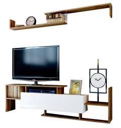 Flash TV-Ständer und Wandregal-Set aus natürlichem Holz und Weiß