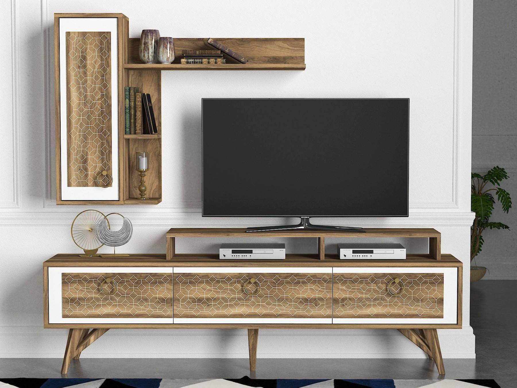 Muskitta TV-Möbel und Wandregal aus hellem Holz mit geometrischem Muster Weiß