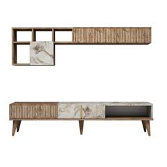 Ribera donker eiken en wit marmer effect tv-meubel en wandplank set