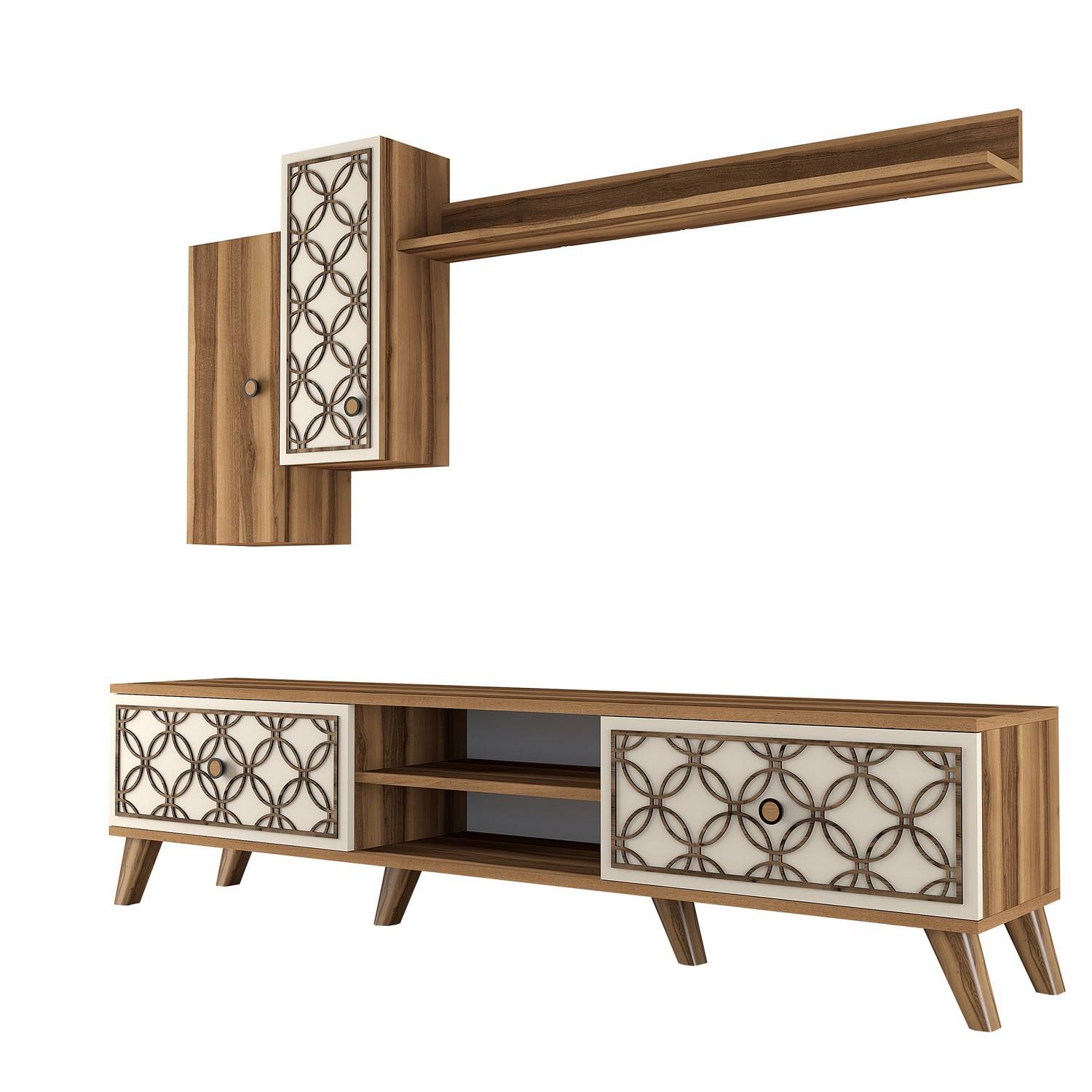 TV-meubel en wandplankenset Varize Arabesque patroon Wit crèmekleurig en Hout