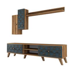 TV-meubel en wandplankenset Varize Arabesque patroon Blauw en Hout