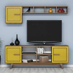Wavo Tv Möbel und Wandregal Set Dunkles Holz Geometrisches Muster Gelb