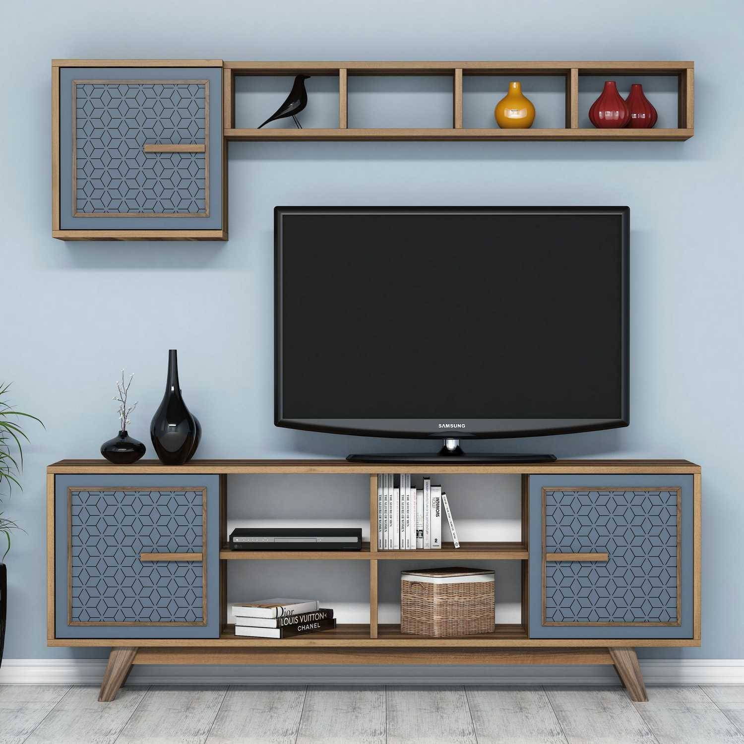 Ensemble meuble Tv et étagère murale Wavo Bois foncé Motif géométrique Bleu