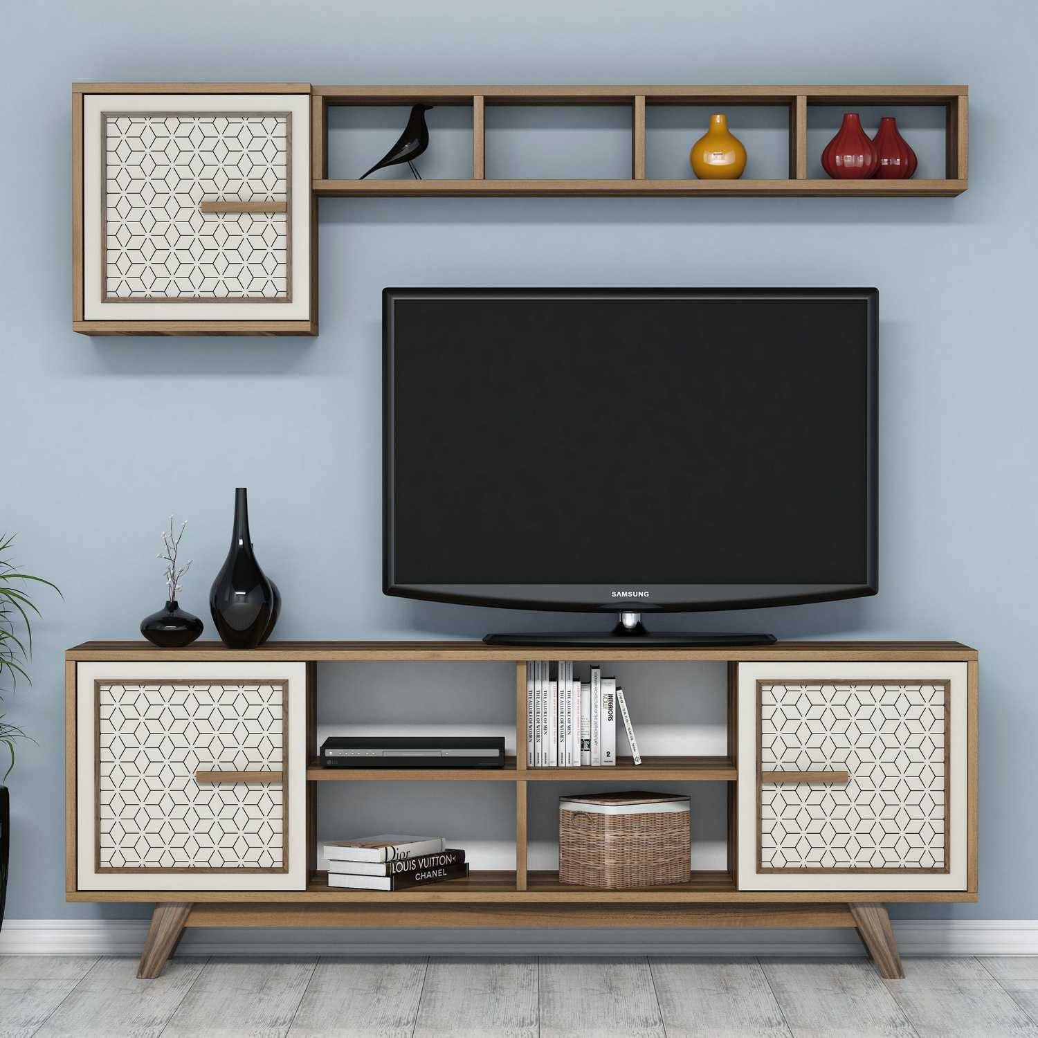 Wavo TV-meubel en wandrek Donker hout Geometrisch patroon Crèmewit