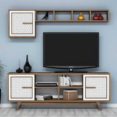 Ensemble meuble Tv et étagère murale Wavo Bois foncé Motif géométrique Blanc