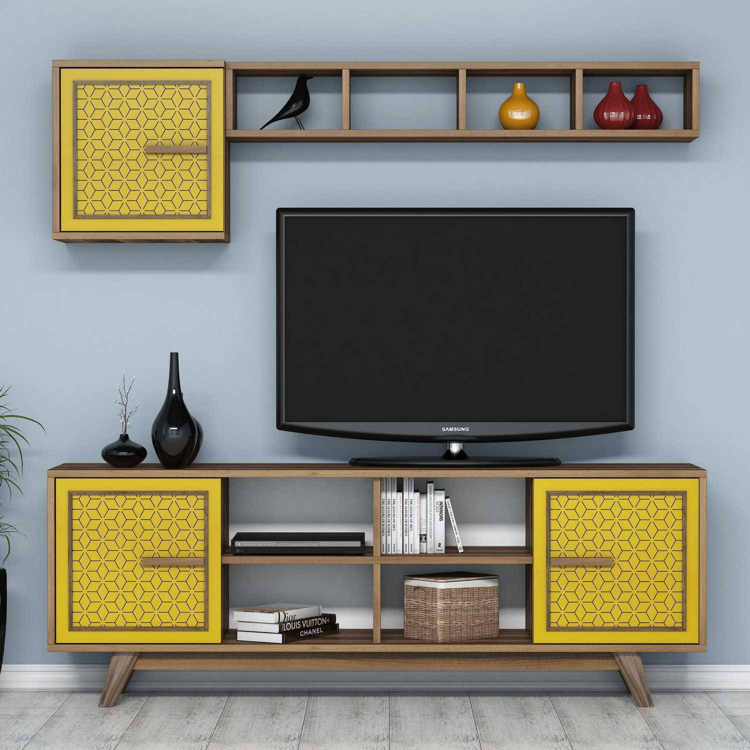 Wavo TV-meubel en wandrek Donker hout Geometrisch patroon Geel