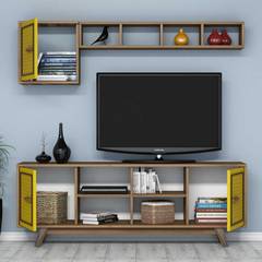 Wavo TV-meubel en wandplankenset Donker hout Geometrisch patroon Geel