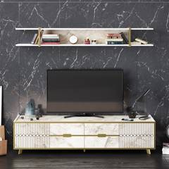 Conjunto de soporte de TV y estante de pared Wilma de metal dorado y madera con efecto de mármol blanco