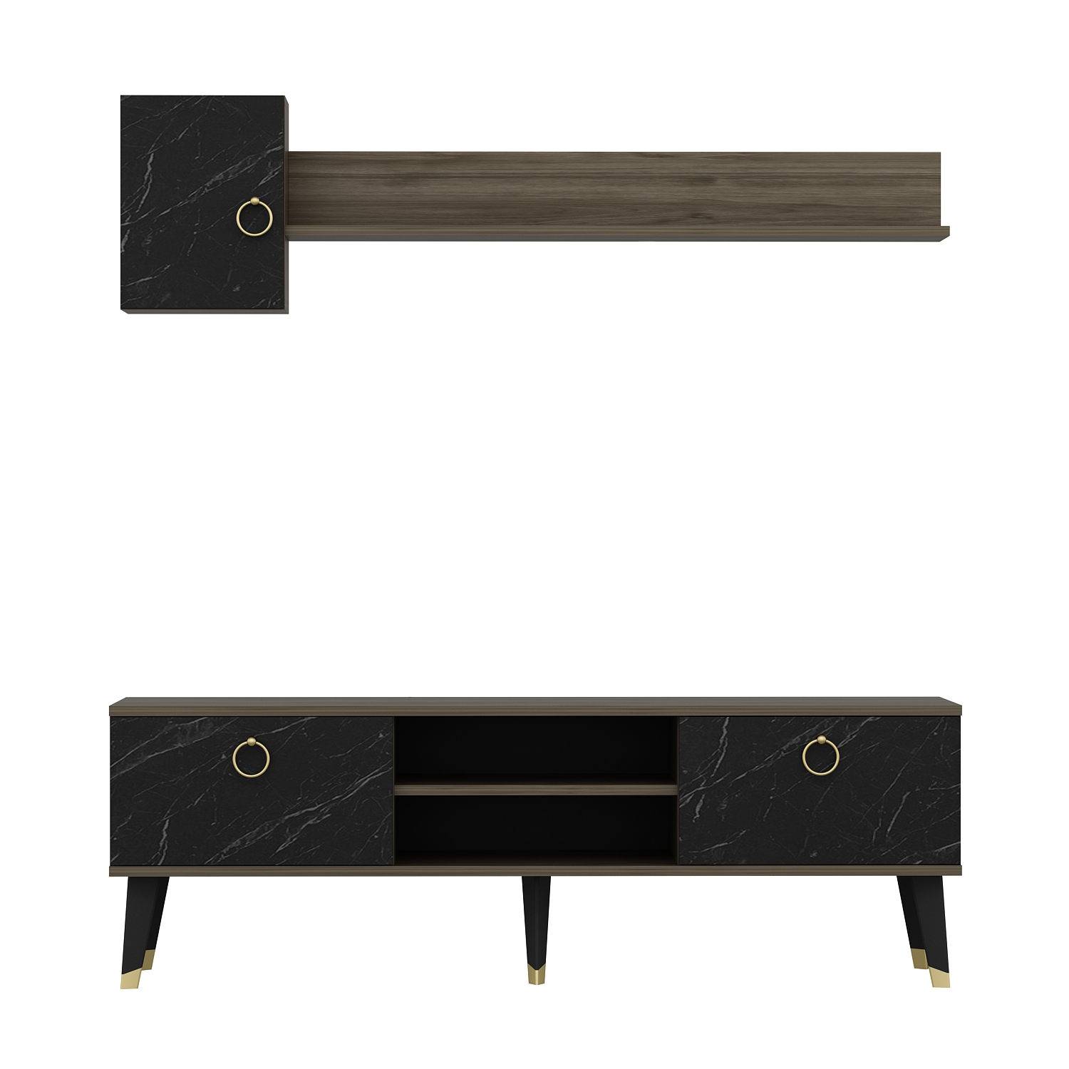 Regium TV-meubel en legplankenset Donker hout en marmer effect Zwart