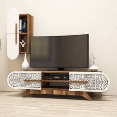 Conjunto de soporte de TV y estante de madera y blanco arabesco Valei, Negro