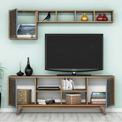 Conjunto de soporte de TV y estantería de madera y azul Waevo
