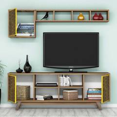 Mobile TV e scaffale Waevo in legno e giallo