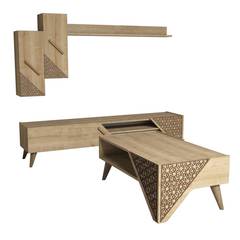 Conjunto de mueble de TV, estantería y mesa de centro Forces Diseño arabesco Roble claro