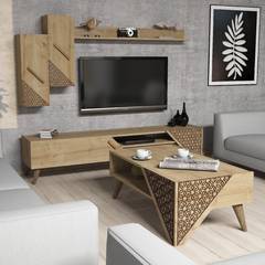 Conjunto de mueble de TV, estantería y mesa de centro Forces Diseño arabesco Roble claro