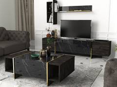 Ensemble meuble TV, étagère murale et table basse Frisko Bois foncé et Effet marbre Noir