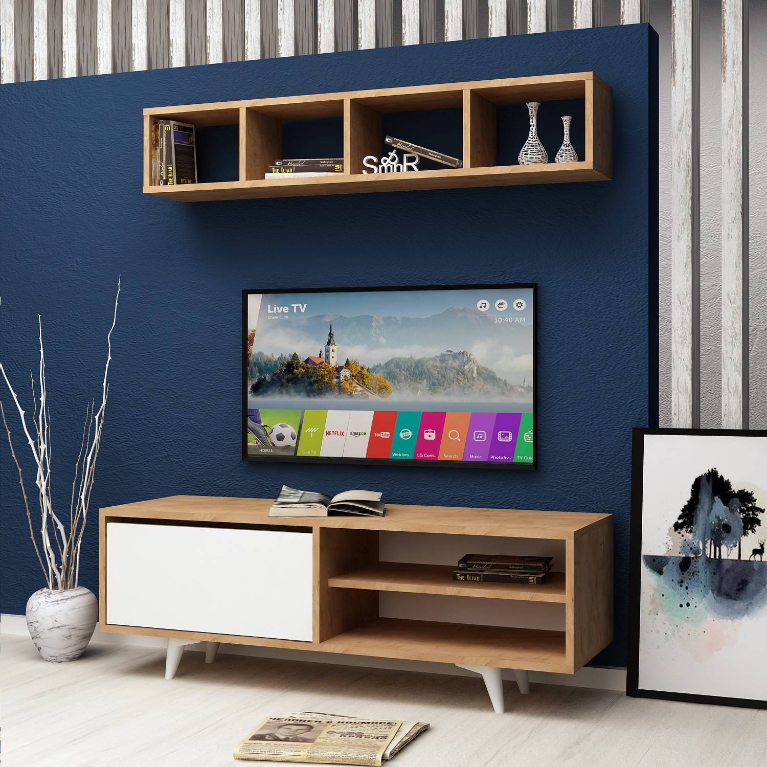 Set de meuble TV et étagère murale Malvik panneau de particules 170 x 30 x  42 cm blanc noir [en.casa]