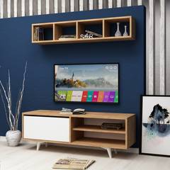 Mobile TV a parete con ripiano L120cm Rovere Polmao e Bianco