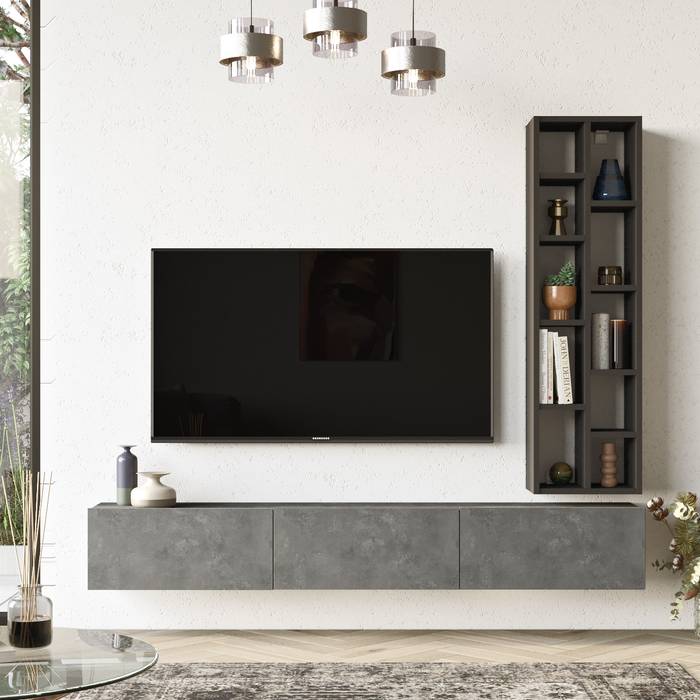 Ensemble meuble TV mural placard et étagères Insimul Effet béton gris et  Bois noir