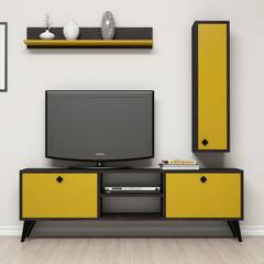 Juego de soporte de TV Estante Plenus L150 cm Panel de melamina de madera Negro Amarillo