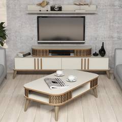 Conjunto de mueble de TV, mesa de centro y estantería Chanez Roble y Blanco Crema