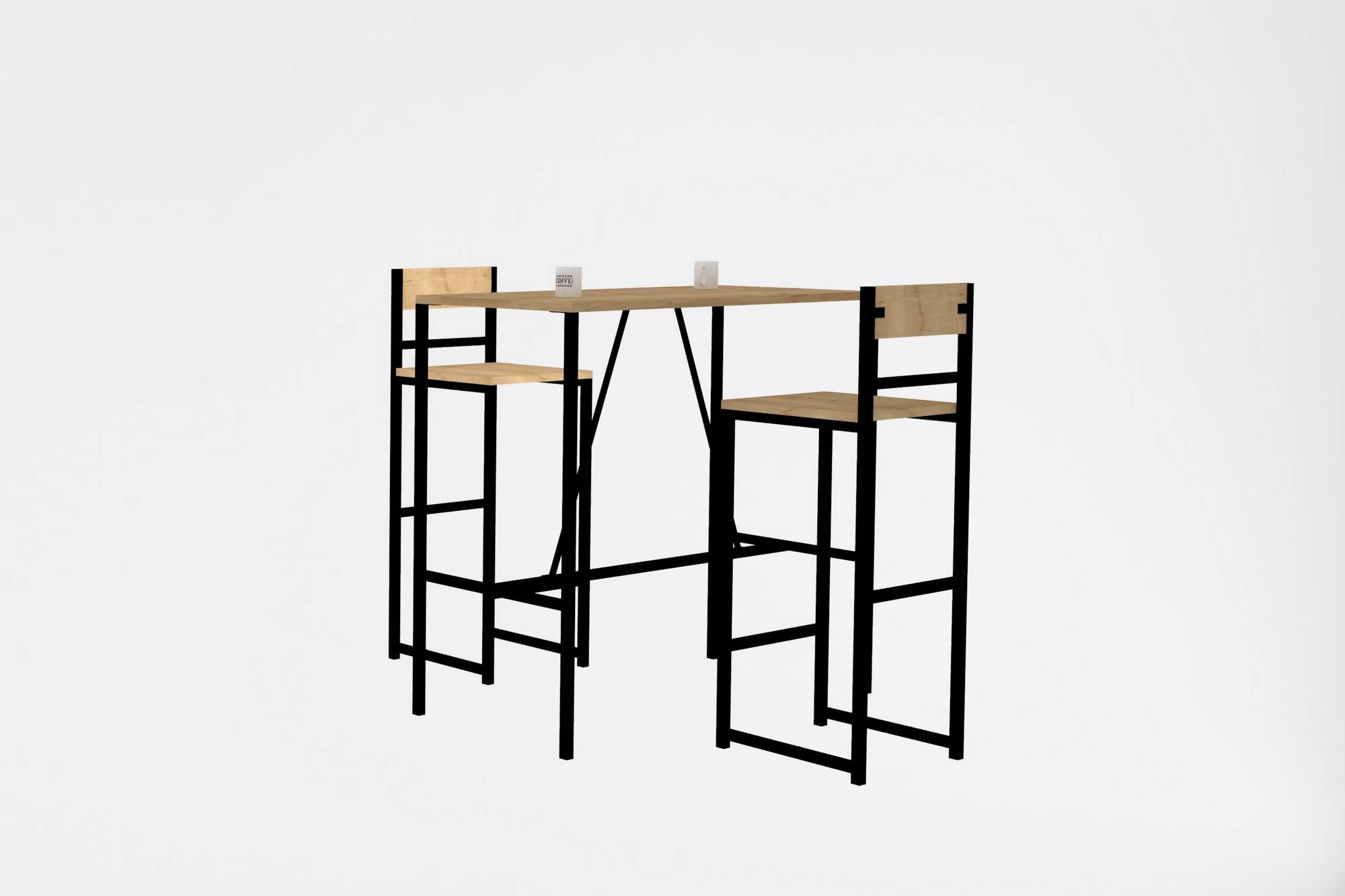 Set di tavolo e 2 sedie da bar in stile industriale Nepia Metal Nero e Rovere chiaro