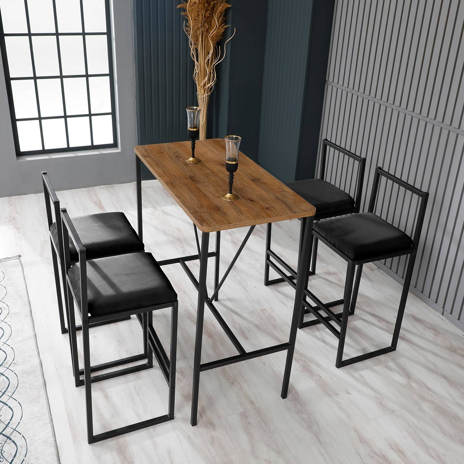 Set Koumo bartafel en 4 stoelen Licht hout, metaal en zwart fluweel