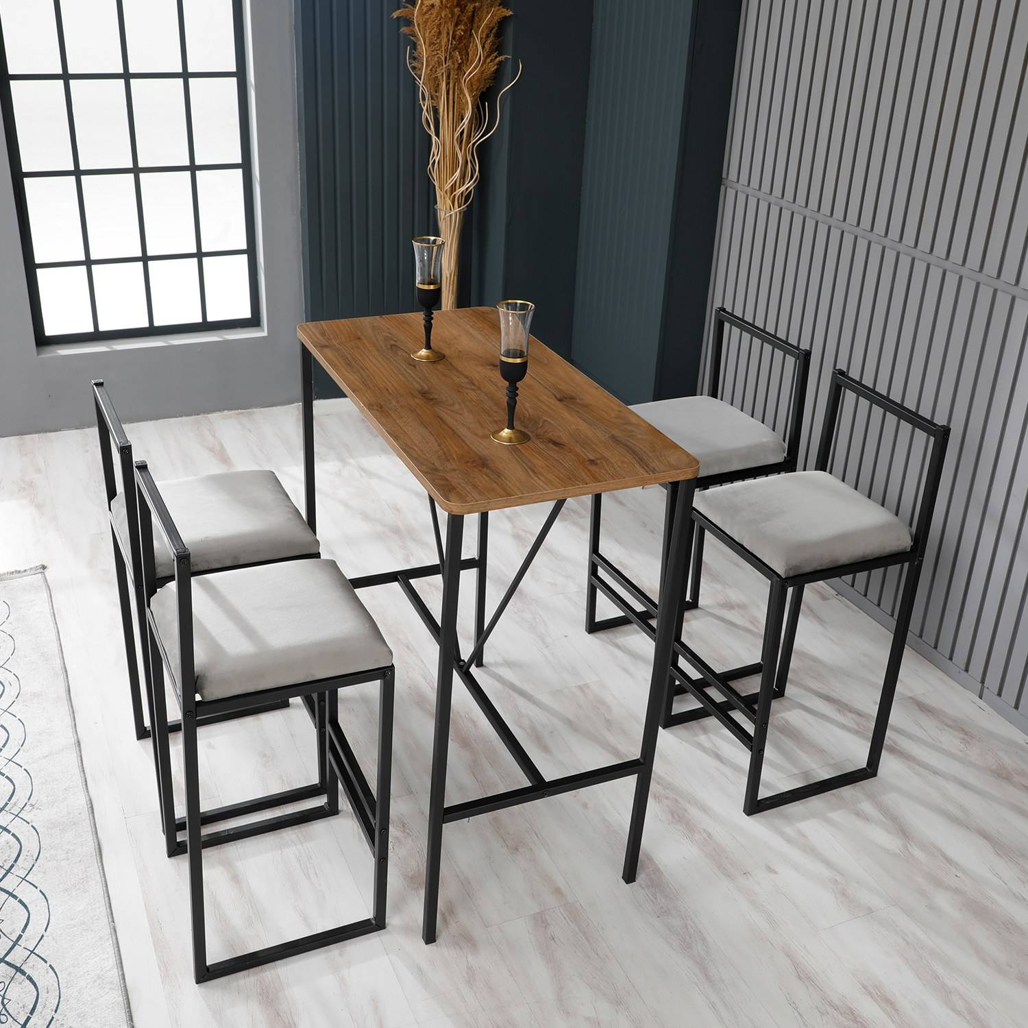 Ensemble Table et 4 chaises de bar Koumo Bois clair, Métal et Velours Blanc  crème