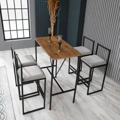Koumo bartafel en 4 stoelen Licht hout, zwart metaal en roomwit fluweel
