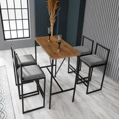 Set aus Tisch und 4 Barstühlen Koumo Helles Holz, schwarzes Metall und dunkelgrauer Samt