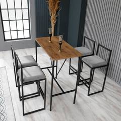 Set Koumo bartafel en 4 stoelen Licht hout, zwart metaal en lichtgrijs fluweel