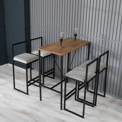Ensemble Table et 4 chaises de bar Koumo Bois clair, Métal Noir et Velours Blanc crème
