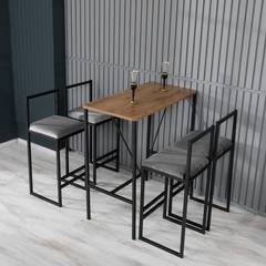 Set Koumo bartafel en 4 stoelen Licht hout, zwart metaal en donkergrijs fluweel