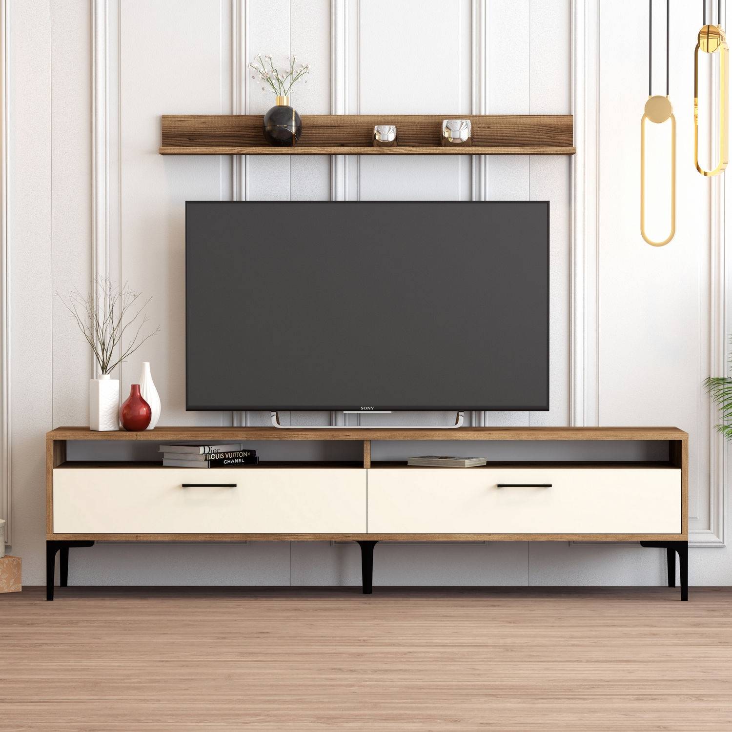 Meuble TV moderne 180cm avec table basse et étagère Varnus Bois et Effet  marbre Blanc